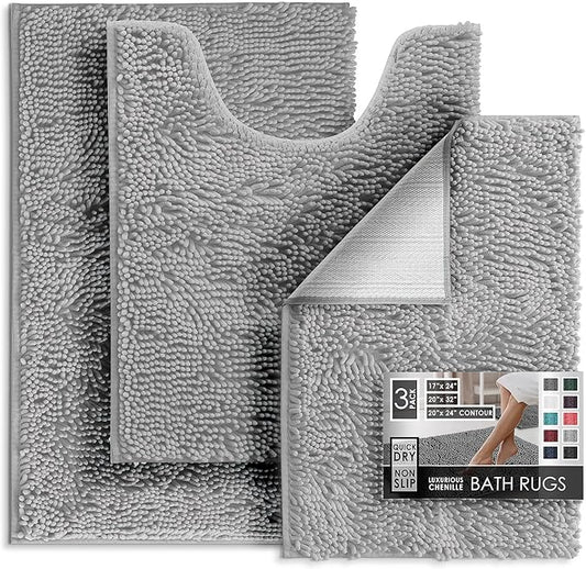 Hearth & Harbor Bathroom Rugs, Chenille Bath Mat - Machine Washable Bath Mats for Bathroom Non-Slip Backing Rubber, Quick Dry Mat - Silver Bath Rug, 17x24-20x32-20x24