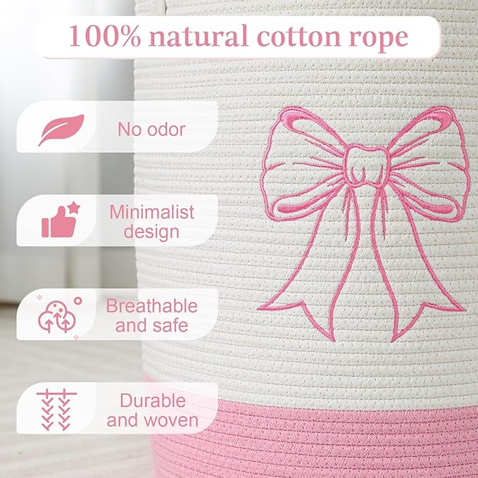Honeydak Pink Bow Cotton Rope Laundry Basket Hamper Large Laundry Basket Hamper Coquette Bow Room Decor for Girls Girly Nursery Storage Bin Tall Round Organizer for Blanket Toys Clothes