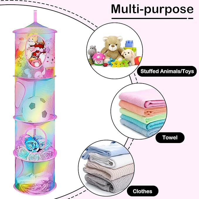 Basumee Stuffed Animals Net or Hammock 2 Pcs Stuffed Animals Storage Toy Net Hammock for Plushies Storage Organizer Mesh Kids Girls Room Decor, Rainbow, 4 Tiers