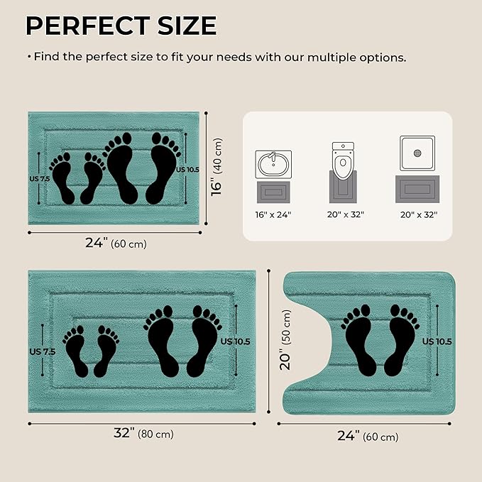 GRANNY SAYS Bathroom Rugs Sets 3 Piece, Soft Absorbent Microfiber Bath Mats for Bathroom Non Slip Washable, U-Shaped Toilet Bath Rugs for Tub Shower (Teal, 16" x 24" + 20" x 32" + U Shaped 20" x 24")