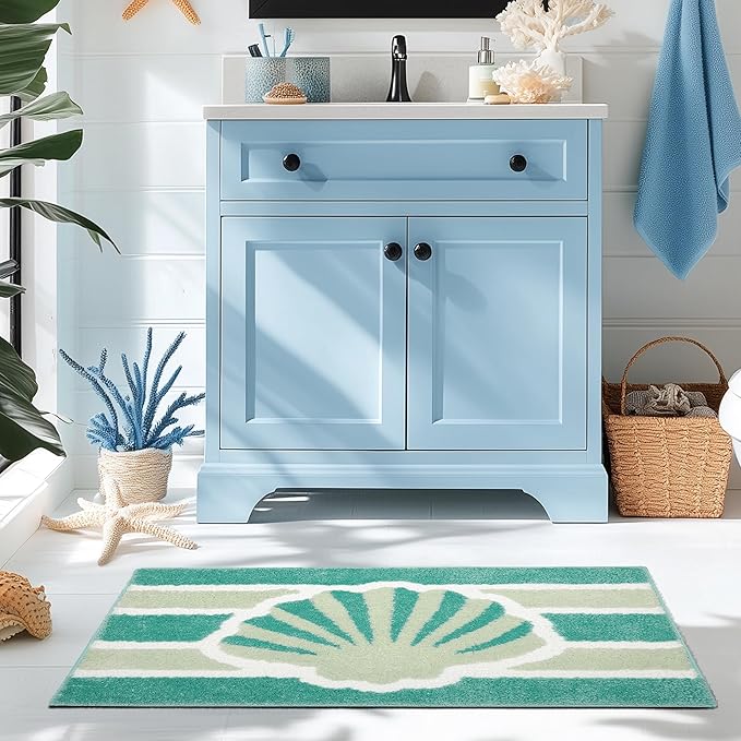 Green Beach Bathroom Rugs Non Slip Washable Cute Coastal Bath Mats Rugs for Bathroom Floor Nautical Fluffy Plush Soft Absorbent Farmhouse Carpet for Shower, Tub, 20x32 inch