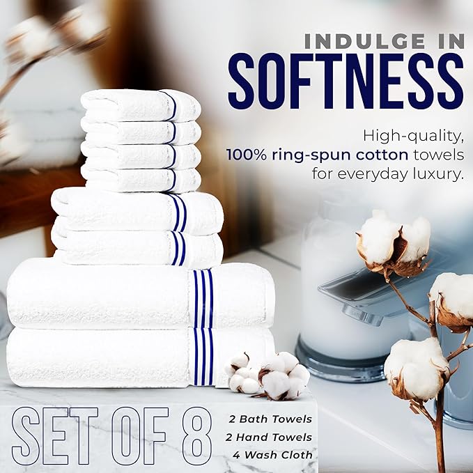 8-Piece Premium Towel Set, 2 Bath Towels, 2 Hand Towels, and 4 Wash Cloths, 100% Ring Spun Cotton Highly Absorbent Towels for Bathroom, Gym, Hotel, and Spa