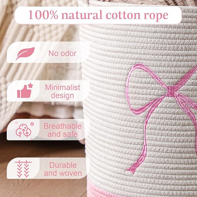 Honeydak Pink Laundry Basket Bow Hamper Coquette Laundry Basket Cotton Rope Pink Hamper 15 x 17.7 Inches Toy Box Large Coquette Bow Teens Girls Room Storage for Blanket Toys Clothes Organization