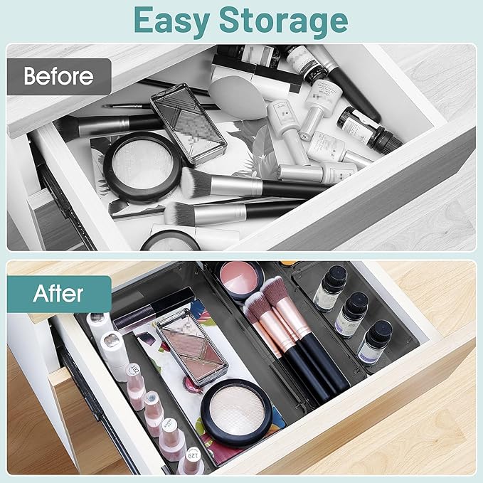 WOWBOX 30 PCS Clear Plastic Drawer Organizer Set, 5 Sizes Desk Drawer Divider Organizers and Storage Bins for Makeup, Jewelry, Gadgets for Kitchen, Bedroom, Bathroom, Office, Black