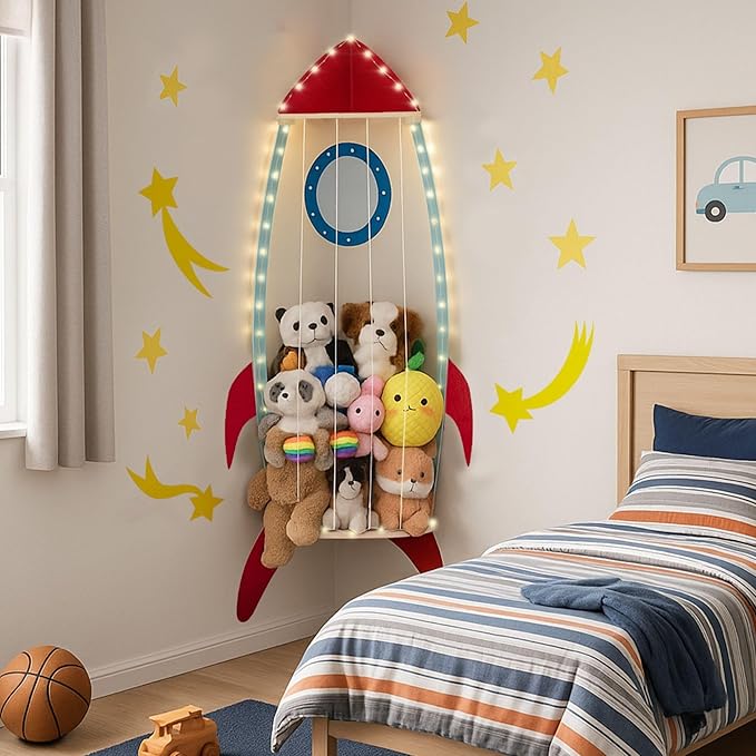 PUTSKA Nursery Furniture Hanging Organizer – Wall Mounted Stuffed Animal Storage for Baby Room, Corner Plush Collection Display & Nursery Organization System, Space-Saving Vertical Storage - Spaceship