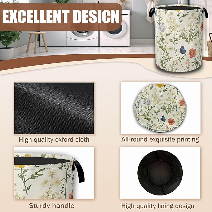 Herbs Wild Flowers Laundry Baskets,Vintage Floral Laundry Hamper,Storage Basket with Handles for Bathroom Bedroom College Dormitory Living Room Nursery Organizer 16"x20.8"