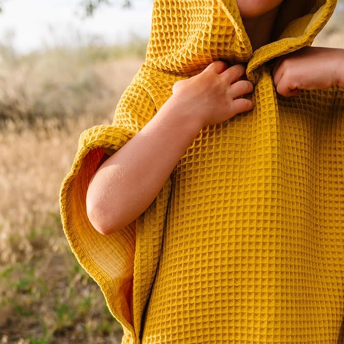 Jade&Kai Hooded Towel for Kids | Snaps into a Poncho | Organic Cotton Waffle | Lightweight and Absorbent | Bath, Beach, and Pool | Multiple Colors | (Medium (3-6 Yrs), Mustard Seed)