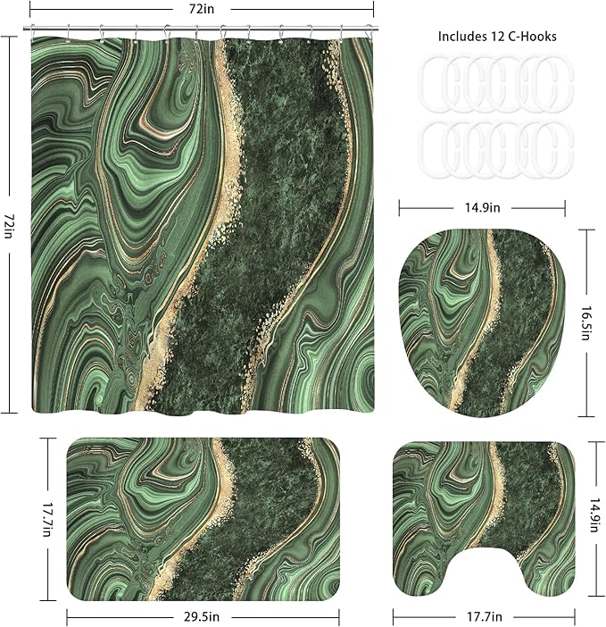 4PCS Sage Green Marble Bathroom Sets with Shower Curtain and Rugs, Abstract Gold Shower Curtain Sets with Rugs for Bathroom, Modern Bathroom Curtains Shower Set with Toilet Lid Cover