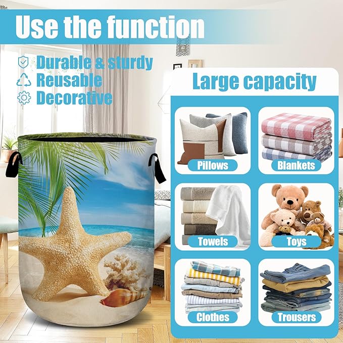 Starfish Seashell Laundry Basket, Ocean Sea Beach Laundry Hamper Collapsible Oxford Cloth with Handle Clothes Toy Storage Bin for Bathroom Laundry Room Bedroom 15.7 X 20 Inch