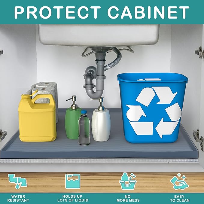 URMONA Waterproof Silicone Under Sink Mat 34'' x 22'' Shelf Liner for Kitchen and Bathroom, Cabinet and Counter Protector, Storage and Organizers, Litter Mat, Pet Cat Puppy Essentials(Brown)