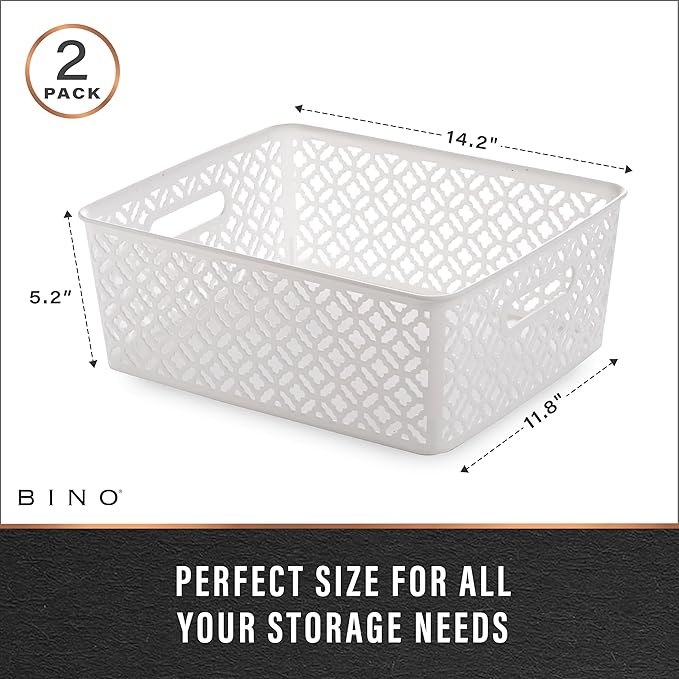 BINO l Plastic Storage Baskets, Large - White | THE BLOSSOM COLLECTION l Multi-Use Organizer Bin l Built-in Handles l Plastic Woven Basket for Organizing l Pantry & Home Organizing Basket