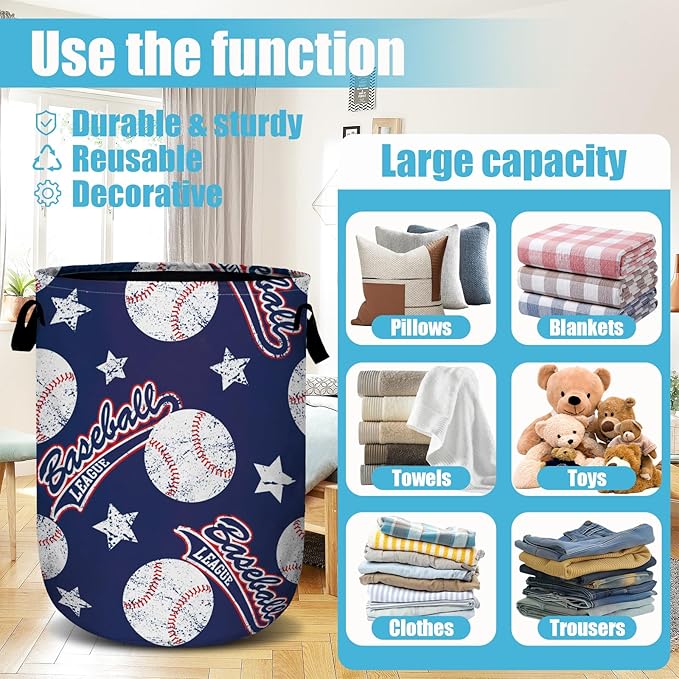 Baseballs and Stars Laundry Basket, Laundry Hamper Collapsible Oxford Cloth with Handle Clothes Toy Storage Bin for Bathroom Laundry Room Bedroom 15.7 X 20 Inch