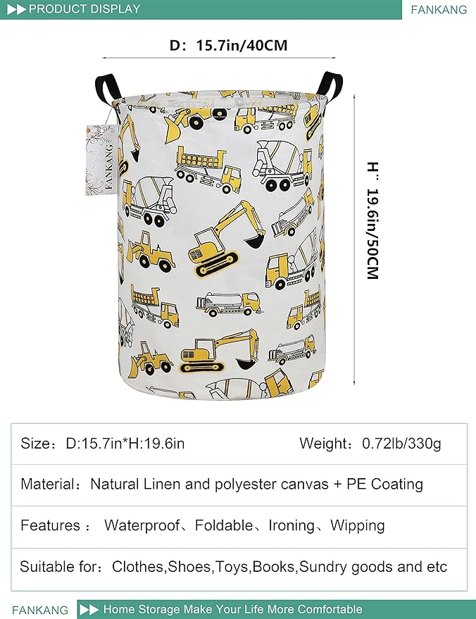 FANKANG Storage Basket, Nursery Hamper Canvas Laundry Basket Foldable with Waterproof PE Coating Large Storage Baskets for Kids Boys and Girls, Office, Bedroom, Clothes,Toys（excavator）