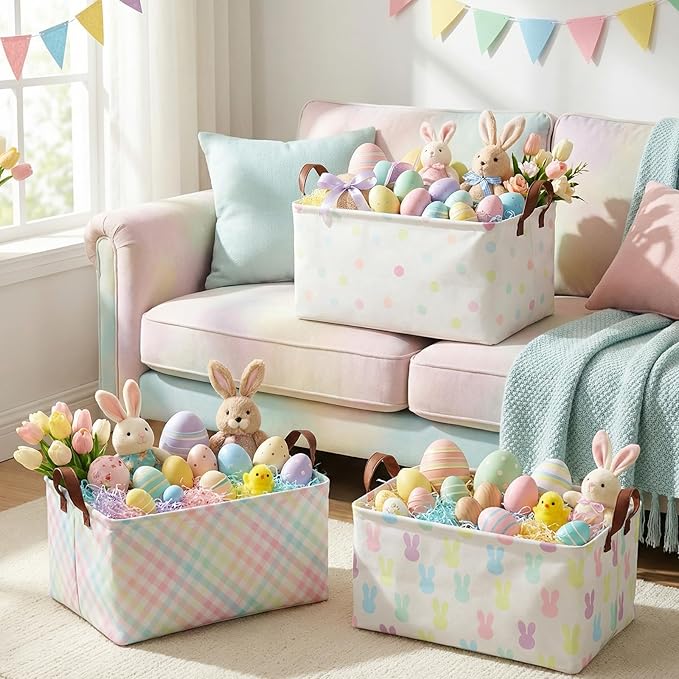 3 Pack Easter Storage Baskets Waterproof Canvas with Leather Handles Bunny Basket Box Collapsible Storage Bins Box for Closet Toys Clothes Room Decor Gift Basket