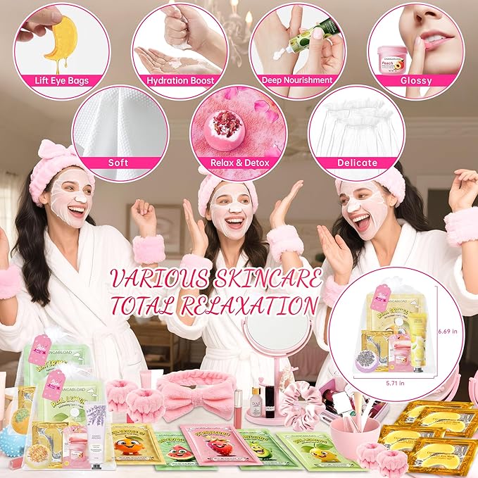35 Pcs Spa Party Supplies for 5 – Spa Gifts for Women, Girls & Kids | Spa Set with Eye & Face Masks, Lip Balm, Hand Cream, Bath Bombs, Towels & Gift Bags | Spa Kit for Birthdays, Sleepovers, Spa Days