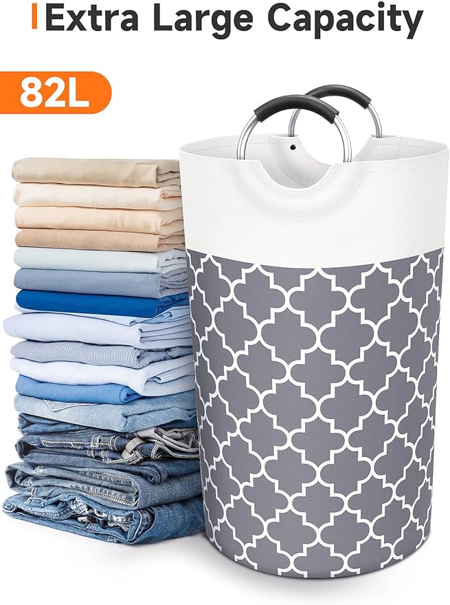 Large Laundry Basket Laundry Hamper Bag Washing Bin Clothes Bag Collapsible Tall with Handles Waterproof Travel Bathroom College Essentials Storage for College Dorm, Family (Grey) 82L