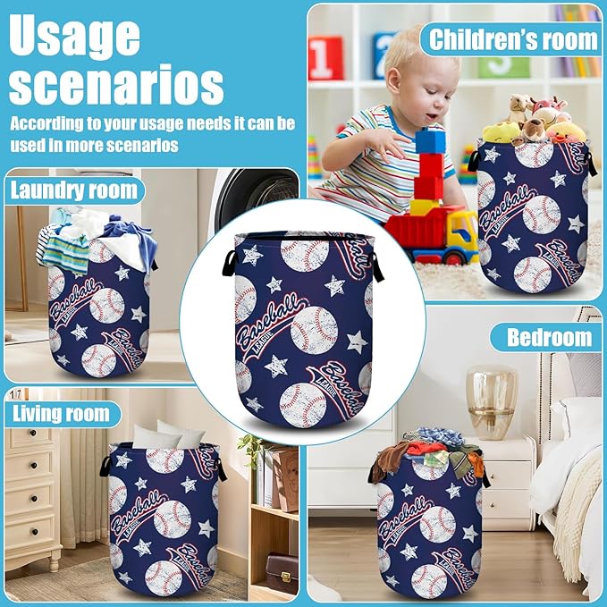 Baseballs and Stars Laundry Basket, Laundry Hamper Collapsible Oxford Cloth with Handle Clothes Toy Storage Bin for Bathroom Laundry Room Bedroom 15.7 X 20 Inch