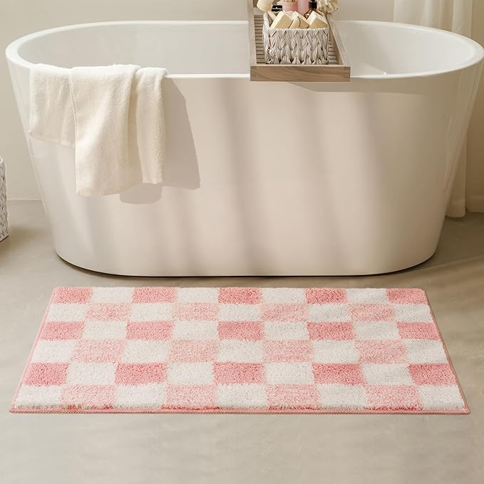 GRANNY SAYS Checkered Pink Bathroom Rugs Decor, 36" x 24", Fluffy Rug, Absorbent Microfiber Ultra Soft Bath Mat Washable, Non-Slip Bath Mats for Bathroom, Cute Floor Mat for Tub, Shower, Bedroom