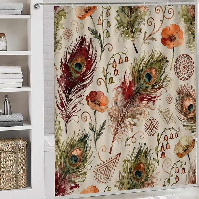 4 Piece Bathroom Rug Set with Shower Curtain, Non-Slip Bath Mat Toilet Cover Set, Peacock Feathers Bathroom Rug Sets