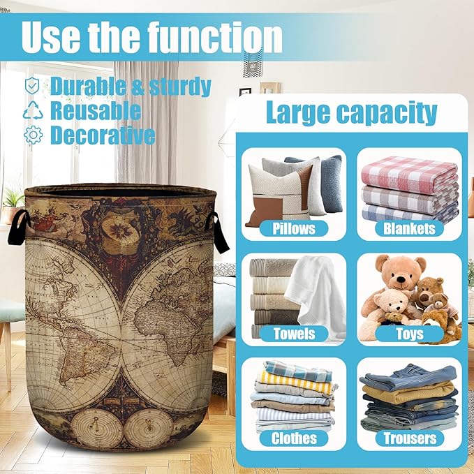 World Map Laundry Basket, Laundry Hamper Collapsible Oxford Cloth with Handle Clothes Toy Storage Bin for Bathroom Laundry Room Bedroom 15.7 X 20 Inch
