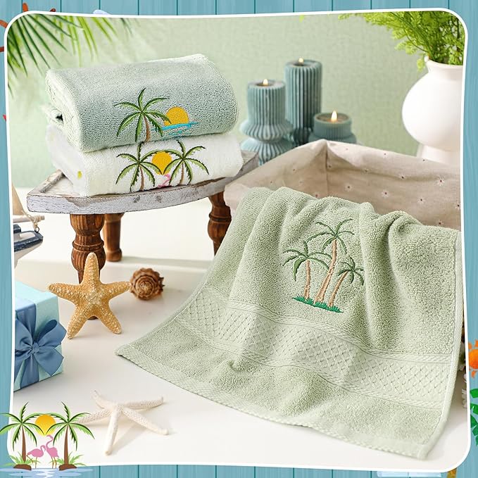 3 Pack Summer Palm Tree Hand Towels for Bathroom 100% Cotton Embroidered Beach Bathroom Towels 13.78 x 29.53 Inch Soft Absorbent(Green Series, Palm Tree)