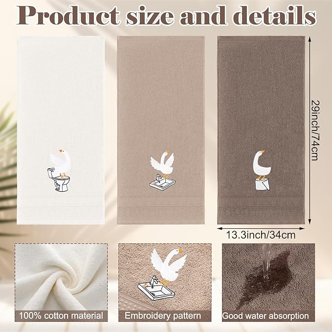 3 Pcs Silly Goose Hand Towels Decorative Silly Goose Bathroom Decor Geese Gifts Brown Farmhouse 100% Cotton Embroidered Towels for Bathroom Kitchen Decor, 13.3 x 29.5''