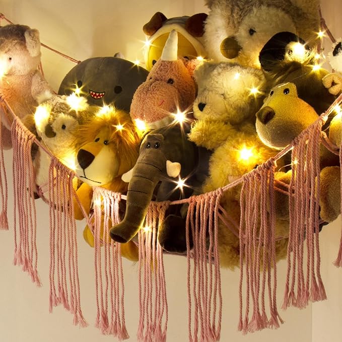 Stuffed Animal Storage Hammock Corner X-Large with LED Light - Baby Hammock Hanging Holder Plushies Net for Stuff Animals Organizer - Cute Room Decor Aesthetic Kids Toddler Nursery Bedroom