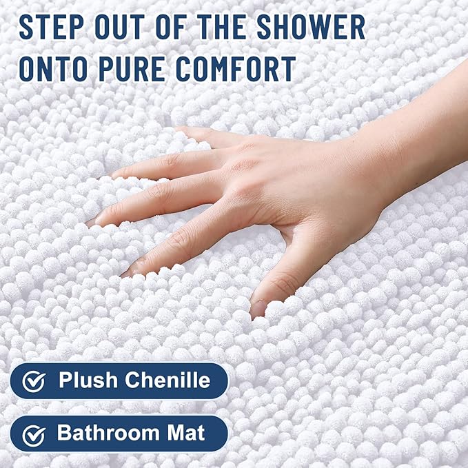 Grandaily Chenille Striped Bathroom Rugs 24x16, Extra Thick and Soft Absorbent Bath Mats, Rubber Backing, Plush Shaggy Shower Carpet, Machine Wash Dry, Bath Rug for Bathroom, Solid White