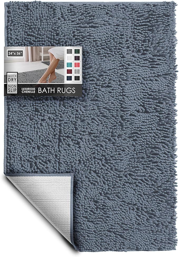 Hearth & Harbor Bathroom Rugs, Chenille Bath Mat - Machine Washable Bath Mats for Bathroom Non-Slip Backing Rubber, Quick Dry Bathroom Mat, 24 x 36 - Stone Blue