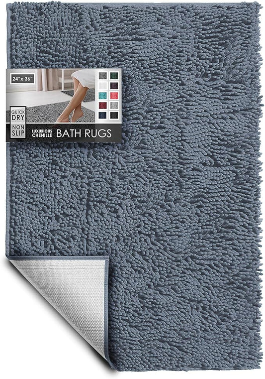 Hearth & Harbor Bathroom Rugs, Chenille Bath Mat - Machine Washable Bath Mats for Bathroom Non-Slip Backing Rubber, Quick Dry Bathroom Mat, 24 x 36 - Stone Blue