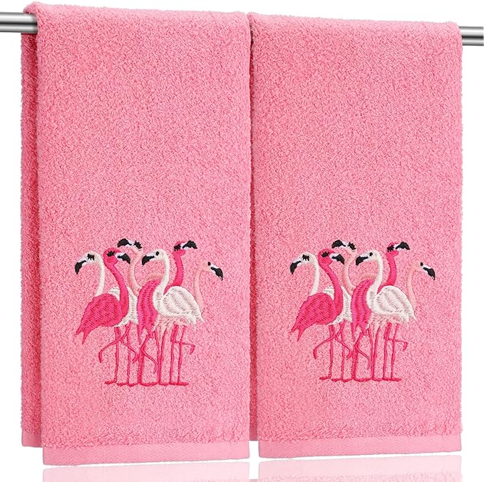 2 Pcs Flamingo Hand Towels Hot Pink Bathroom Decor 14x29 Inch Embroidered 100% Cotton Soft Absorbent Spring Summer Decorative Hand Towels for Bathroom Kitchen