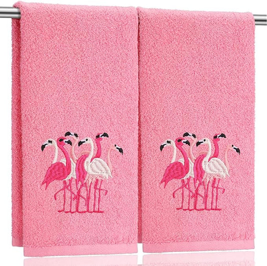 2 Pcs Flamingo Hand Towels Hot Pink Bathroom Decor 14x29 Inch Embroidered 100% Cotton Soft Absorbent Spring Summer Decorative Hand Towels for Bathroom Kitchen