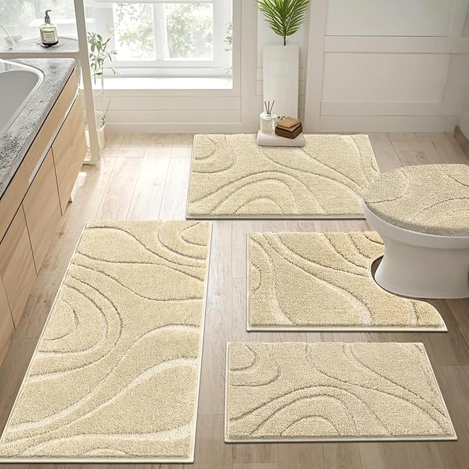 HEBE Bathroom Rugs Sets 5 Piece, Soft Absorbent Microfiber Bath Mat for Bathroom, Non Slip Washable Bath Rug Set with Toilet Cover, Bath Runner and U-Shaped Contour Toilet Rug, Beige