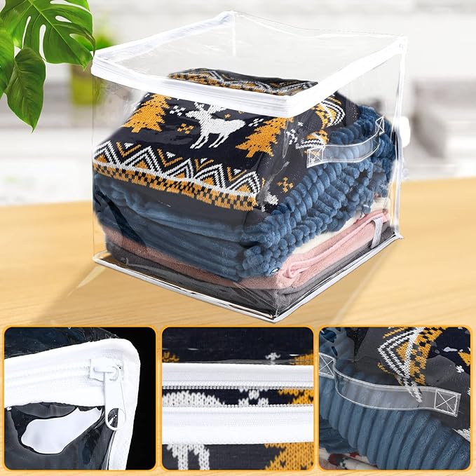 Newwiee 15 Pcs Clear Cube Storage Bins 14 x 14 x 14 Inch Plastic Zippered Cube Organizer Foldable Sweater Storage Closet Organizer Collapsible Plastic Bags Bins Containers with Zipper and Handle