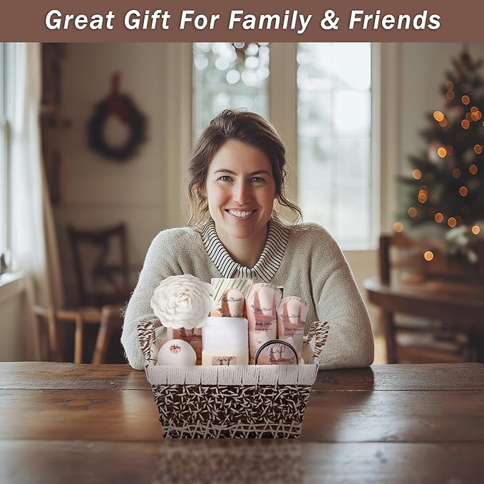 Spa Baskets For Women - Luxury Bath Set With Coconut & Vanilla - Spa Kit Includes Wash, Bubble Bath, Lotion, Bath Salts, Body Scrub, Hand Cream, Shower Puff, Bathbombs, Soap and Towel