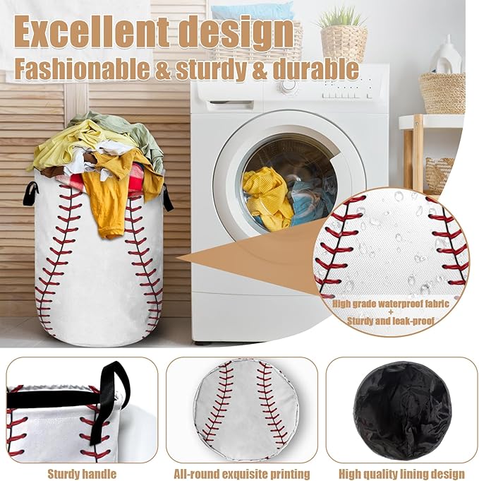 Baseball Laundry Basket, Foldable Waterproof Ball Laundry Hamper Tote Bag Dirty Clothes Storage Bucket Toy Organizer for Bathroom/Laundry/Bedroom 15.7"x19.6"