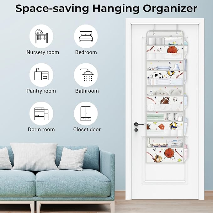 Clastyle Ball Over The Door Organizer Star Nursery Hanging Storage Organizer for Boys Clothes Diaper Toy Closet Door Hanging Shelf Storage for Bedroom Bathroom Pantry, Sport, 5-Tier