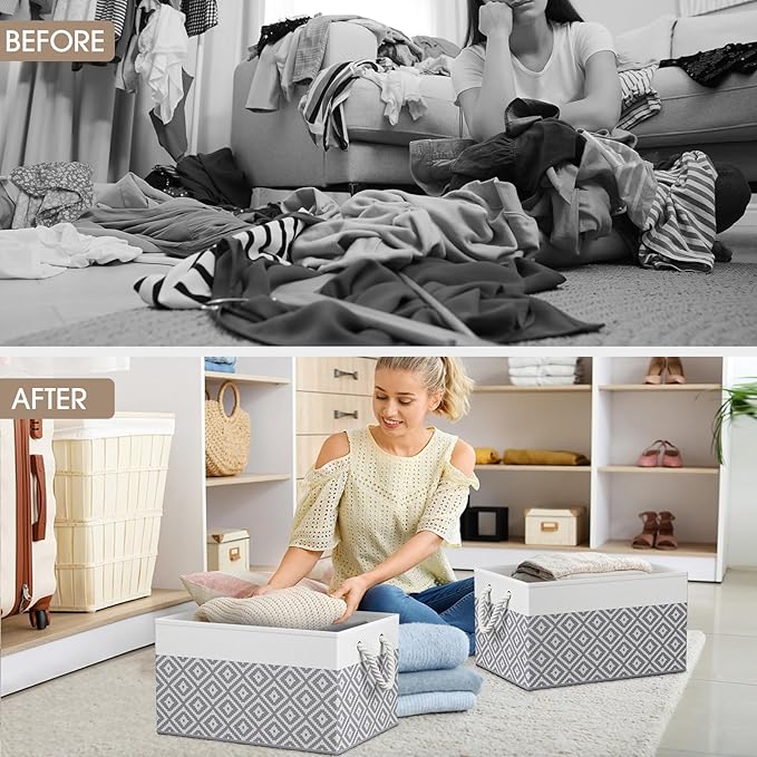 Storage Bins, 6-Pack Large Storage Box with Rope Handles, Collapsible Storage Basket for Organizing Books,Clothes,Rhombic Grey