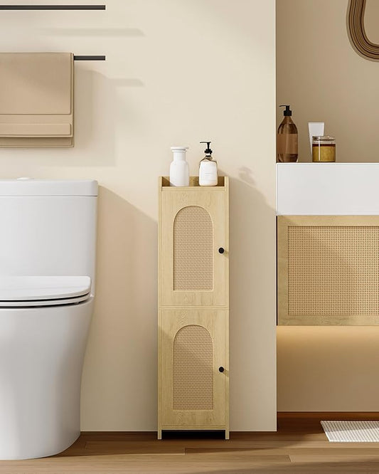 Bathroom Storage Cabinet, Small Corner Floor Cabinet with 2 Doors and Adjustable Shelf, Narrow Toilet Paper Cabinets, Bathroom Organizer for Small Spaces, 7.9"D x 7.9"W x 29.5"H Rattan Yellow