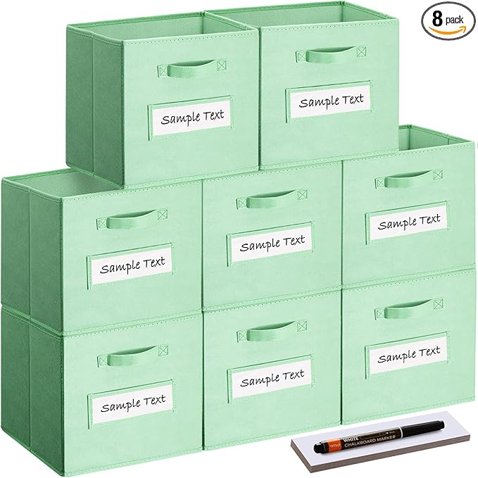 artsdi 13x13x13 storage cube bins(Set of 8) Fabric storage cubes with 8 Labels Window Cards & a Pen, storage cubes 13x13, Collapsible 13 inch cube storage bins, Cubby Organizer Boxes, Grass Green