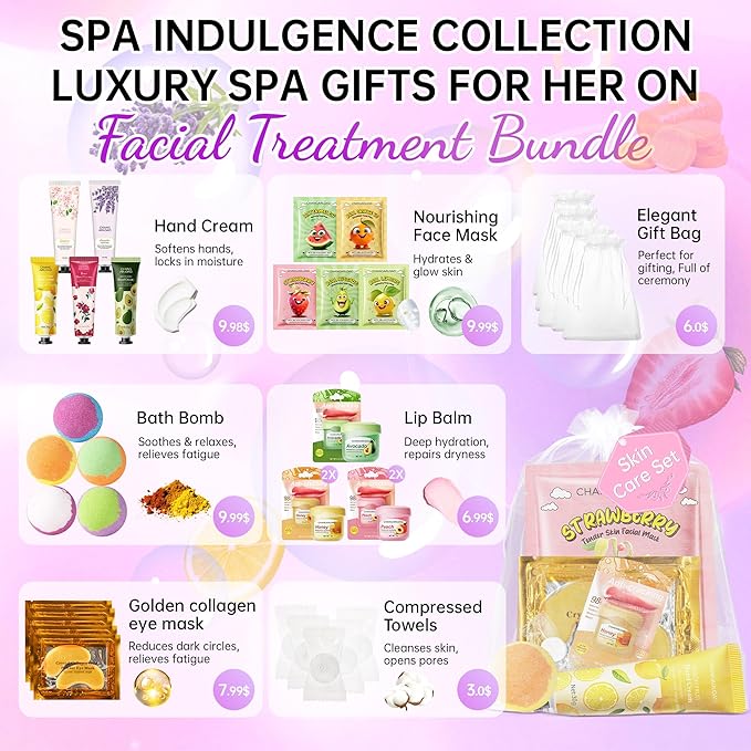 35 Pcs Spa Party Supplies for 5 – Spa Gifts for Women, Girls & Kids | Spa Set with Eye & Face Masks, Lip Balm, Hand Cream, Bath Bombs, Towels & Gift Bags | Spa Kit for Birthdays, Sleepovers, Spa Days