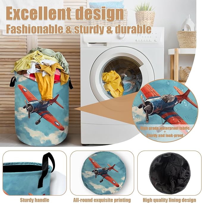 Vintage Airplane Laundry Basket, Foldable Laundry Hamper Tote Bag Dirty Clothes Storage Bucket Toy Organizer for Bathroom/Laundry/Bedroom 15.7"x19.6"