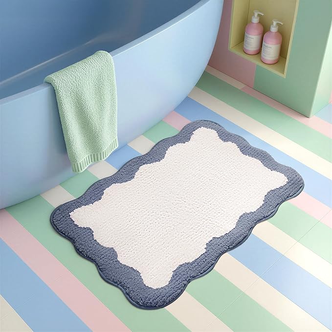 GRANNY SAYS Waved Deep Blue Bathroom Rugs, 24" x 16", Non-Slip Bath Mats for Bathroom, Plush Shag Absorbent Microfiber Ultra Soft Scalloped Bath Mat, Cute Washable Rug for Tub, Shower, Bedroom
