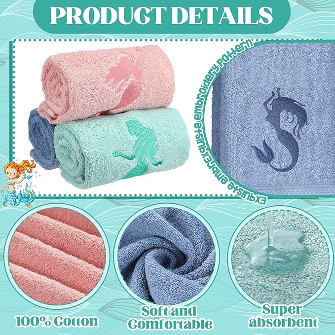 3 Pack Coastal Mermaid Hand Towels for Bathroom 100% Cotton Embroidered Beach Bathroom Towels 13.78 x 29.53 Inch Soft Absorbent(Pink Green Blue, Mermaid)