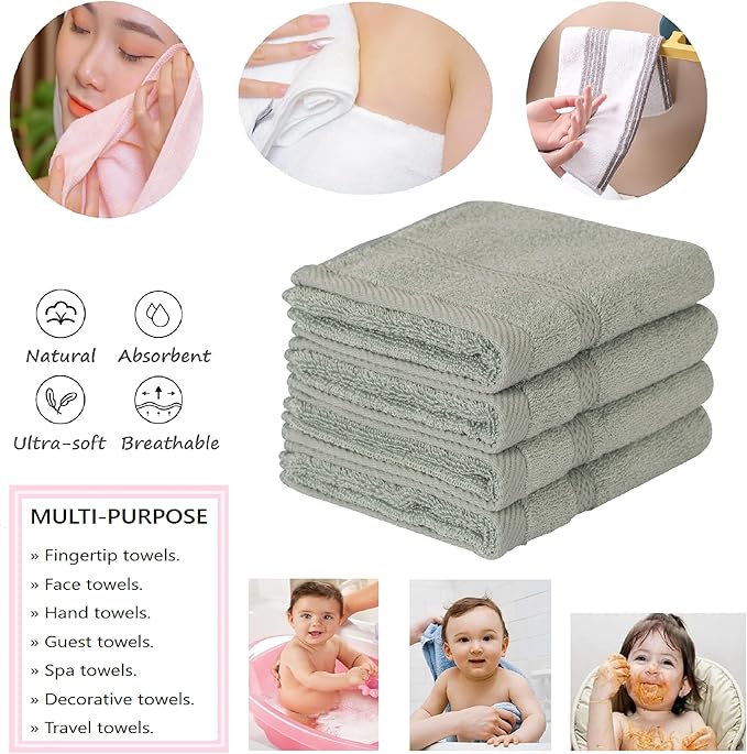4 Pcs Blush Green Fingertip Towels for Bathroom - 11 x 18 Inches, Extra Absorbent and Soft Terry Towels for Sensitive Skin, Quick Dry