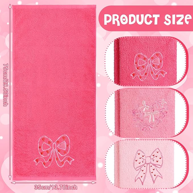 3 Pack Pink Bow Valentine's Day Hand Towels 13.4 x 29.2 Inch Cotton Embroidered Valentines Heart Bathroom Towel Absorbent Valentines Kitchen Decor for Hand Drying Cleaning Gift