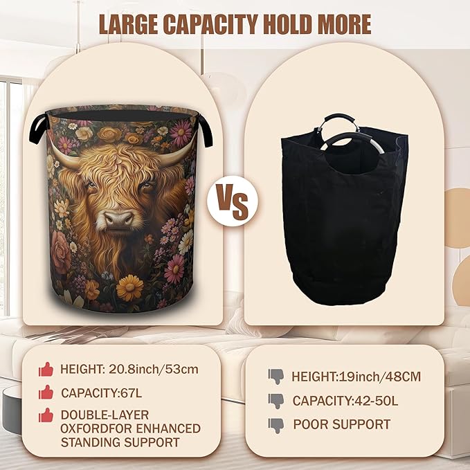 Vintage Flowers Laundry Basket,Highland Cow Laundry Hamper Waterproof Oxford Cloth Tote Collapsible,Clothes Storage Bucket Decorative Toy Organizer For Bathroom Bedroom 16" x 20.8"