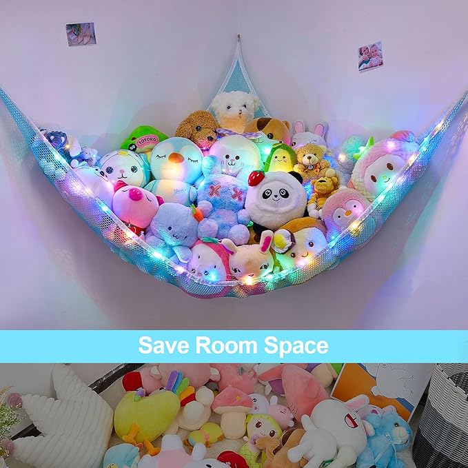 Unicorn Castle Stuffed Animals Net or Hammock Kids Toy Storage Organizer with LED Light Hanging Corner Stuffed Animals Holder Kids Girls Room Decor,Blue,Large (Pack of 1)
