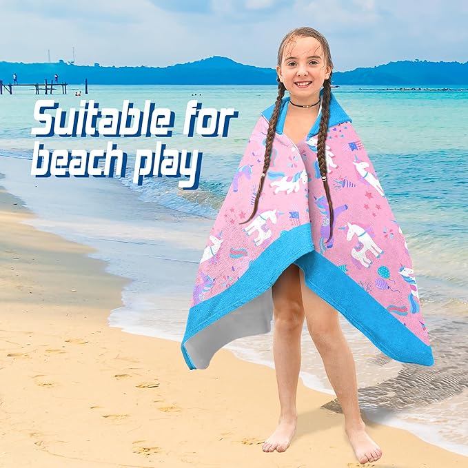 Hooded Towels for Kids -Toddler Beach Towel- Super Absorbent & Quick Dry 100% Cotton 30x50 Inch - to Kid Ages 3-10-Sky Blue Unicorn Pattern Design