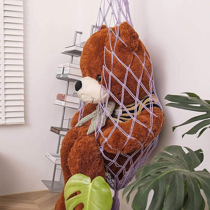 Novel Stuffed animal Net or Hammock Macrame Plush Toy Display- One Hook Only! Convenient for Corners, Walls and Ceiling Hanging Net, stuff animal storage for kid room Bedroom Playroom-Purple